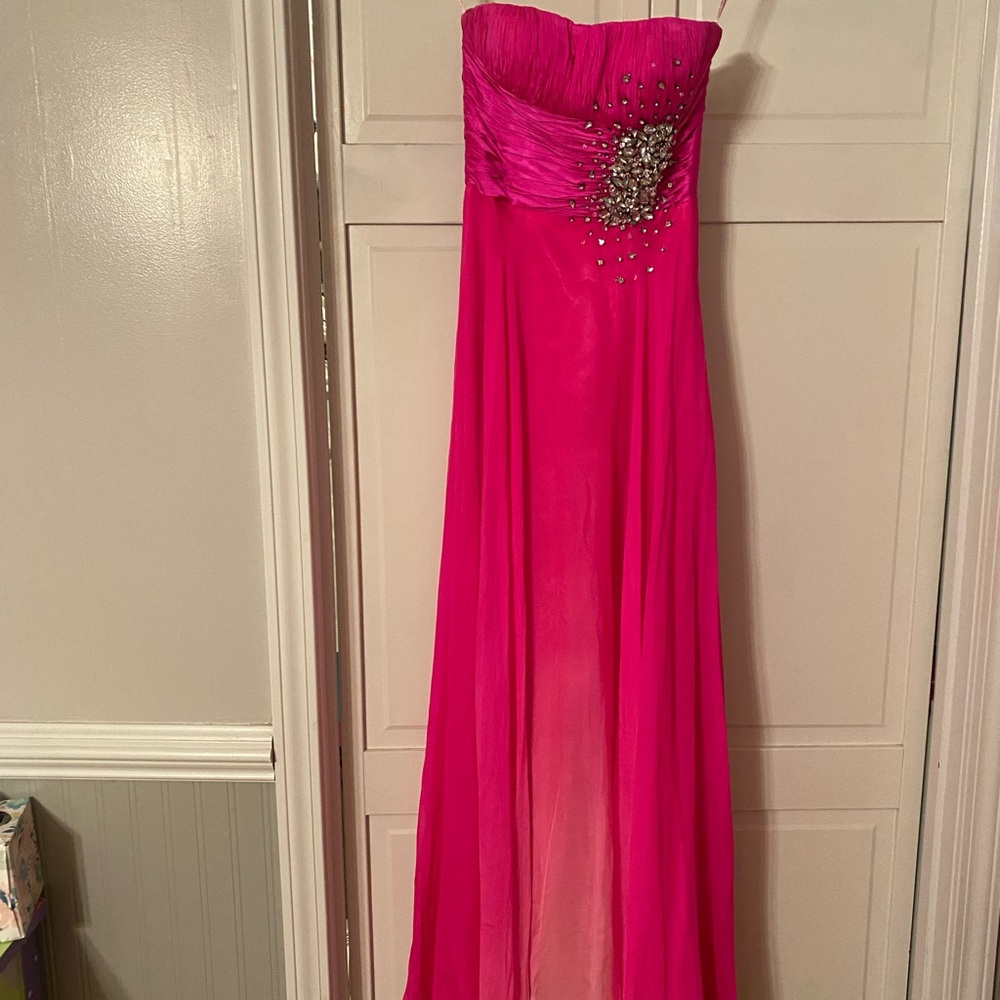 Sherri Hill Fuchsia Strapless Dress with Silver Accents